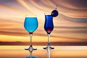 twee bril van blauw en rood drankjes Aan een tafel. ai-gegenereerd foto