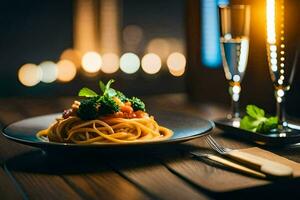 een bord van spaghetti met tomaat en broccoli Aan een houten tafel. ai-gegenereerd foto