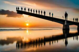 mensen staand Aan een brug Bij zonsondergang. ai-gegenereerd foto