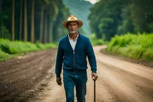 een ouder Mens wandelen naar beneden een aarde weg met een riet. ai-gegenereerd foto