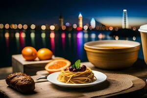 een kop van koffie en een bord van pasta zijn Aan een tafel in voorkant van een stadsgezicht. ai-gegenereerd foto