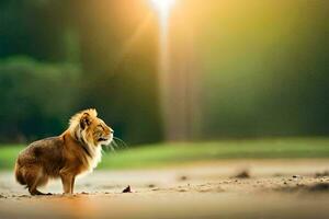 een leeuw staand Aan de grond in de zon. ai-gegenereerd foto