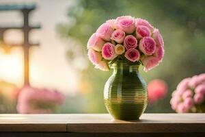 een groen vaas met roze rozen zittend Aan een tafel. ai-gegenereerd foto