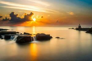 een zonsondergang over- de oceaan met rotsen en water. ai-gegenereerd foto