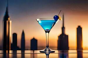 een blauw cocktail met een stad horizon in de achtergrond. ai-gegenereerd foto