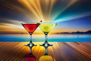 twee cocktails Aan een tafel met een zonsondergang in de achtergrond. ai-gegenereerd foto