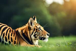 een tijger houdende in de gras. ai-gegenereerd foto