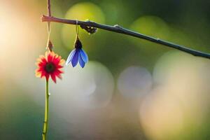 twee bloemen hangende van een Afdeling. ai-gegenereerd foto