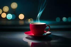 een rood kop van koffie Aan een tafel met lichten in de achtergrond. ai-gegenereerd foto