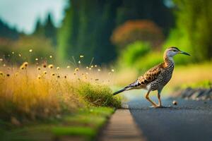 een vogel is staand Aan de weg in voorkant van gras. ai-gegenereerd foto