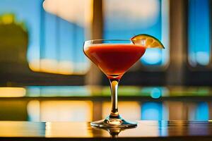 een rood cocktail zittend Aan een tafel in voorkant van een venster. ai-gegenereerd foto