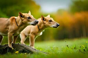 twee honden staand Aan top van een rots in een veld. ai-gegenereerd foto