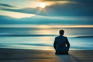 een Mens in een pak zit Aan de strand Bij zonsondergang. ai-gegenereerd foto