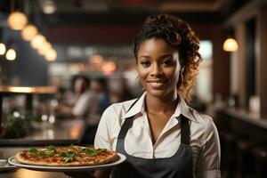 Afrikaanse Amerikaans glimlachen serveerster houden in handen bord met smakelijk pizza in cafe of restaurant. ai generatief foto