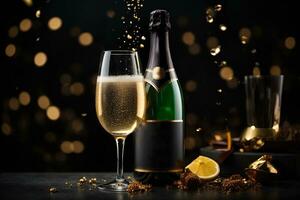 glas van Champagne en Champagne fles Aan donker achtergrond met bokeh. reclame promotionele foto. ai generatief foto