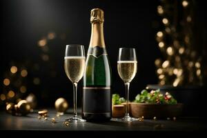 twee bril van Champagne, Champagne fles en fruit Aan donker achtergrond met bokeh. reclame promotionele foto. ai generatief foto