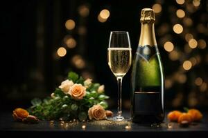 glas van Champagne en Champagne fles Aan donker achtergrond met bokeh. reclame promotionele foto. ai generatief foto