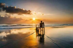 de paar is zittend Aan de strand Bij zonsondergang. ai-gegenereerd foto