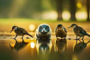 drie vogelstand staand in de water met hun reflectie. ai-gegenereerd foto