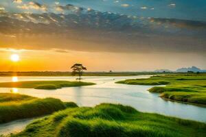 de zon sets over- een moerassig veld- en een eenzaam boom. ai-gegenereerd foto