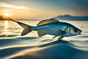 een vis is zwemmen in de oceaan Bij zonsondergang. ai-gegenereerd foto