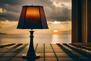 een lamp Aan een tafel in voorkant van een venster. ai-gegenereerd foto