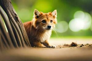 een klein hond zittend onder een boom. ai-gegenereerd foto