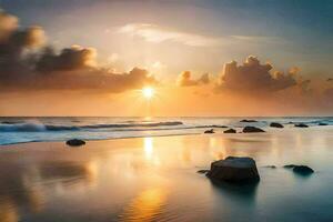 de zon stijgt over- de oceaan en rotsen Aan de strand. ai-gegenereerd foto