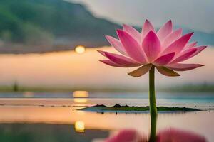 een roze lotus bloem is weerspiegeld in de water Bij zonsondergang. ai-gegenereerd foto