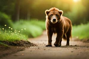 een bruin beer wandelen naar beneden een aarde weg. ai-gegenereerd foto