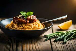 spaghetti met vlees en kruiden in een schaal. ai-gegenereerd foto