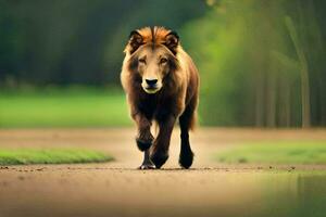 een leeuw wandelen Aan een weg in de midden- van een veld. ai-gegenereerd foto