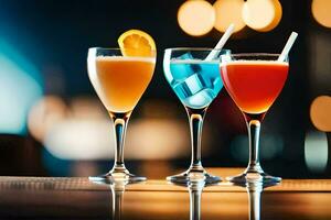 drie verschillend gekleurde cocktails Aan een bar. ai-gegenereerd foto