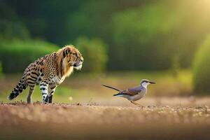 de vogel is op zoek Bij de tijger. ai-gegenereerd foto