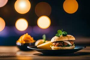 een bord met een hamburger en Patat Aan een tafel. ai-gegenereerd foto