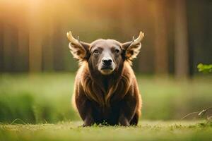 een bruin stier met hoorns zittend in de gras. ai-gegenereerd foto