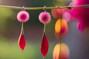 twee rood bloemen hangende van een Afdeling. ai-gegenereerd foto