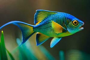 een blauw en geel vis met een groen achtergrond. ai-gegenereerd foto