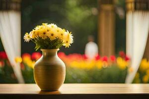 een vaas met geel bloemen zittend Aan een tafel. ai-gegenereerd foto