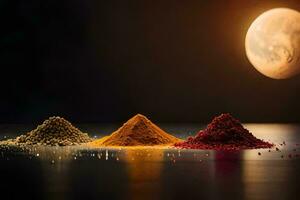 drie verschillend types van specerijen zijn getoond in voorkant van de maan. ai-gegenereerd foto