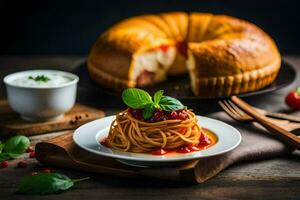 pasta met tomaat saus en kaas Aan een bord. ai-gegenereerd foto