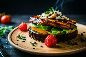 een belegd broodje met groenten en tomaten Aan een houten bord. ai-gegenereerd foto