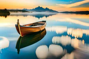 een boot drijvend Aan een meer Bij zonsondergang. ai-gegenereerd foto