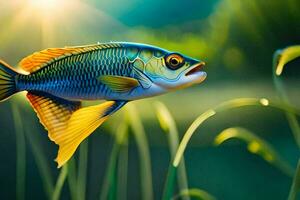 een vis met helder blauw en geel vinnen is zwemmen in de gras. ai-gegenereerd foto