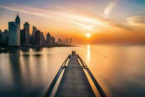 een pier in de midden- van een stad Bij zonsondergang. ai-gegenereerd foto