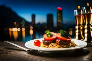 een bord van spaghetti met vlees en tomaten Aan een tafel. ai-gegenereerd foto