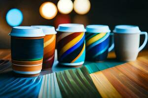 een rij van kleurrijk koffie cups Aan een houten tafel. ai-gegenereerd foto