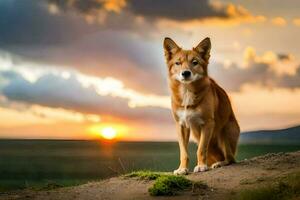 een hond zittend Aan de grond Bij zonsondergang. ai-gegenereerd foto