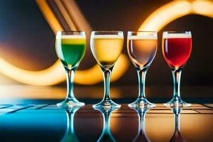 vier bril van verschillend gekleurde drankjes Aan een tafel. ai-gegenereerd foto