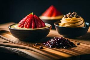 drie desserts Aan een houten tafel. ai-gegenereerd foto